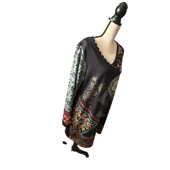 NorthStyle Black Boho Dress Embroidered Print Knit Beading Tattoo Sleeves Large - Picture 2 of 7
